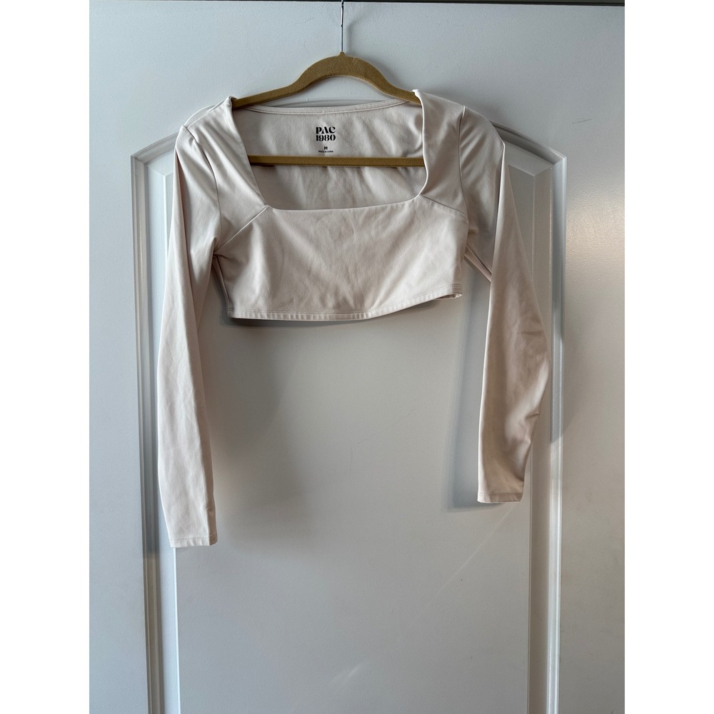 PAC 1980 Crop Top Women M Cream Square Neck Long Sleeve Athletic Streetwear